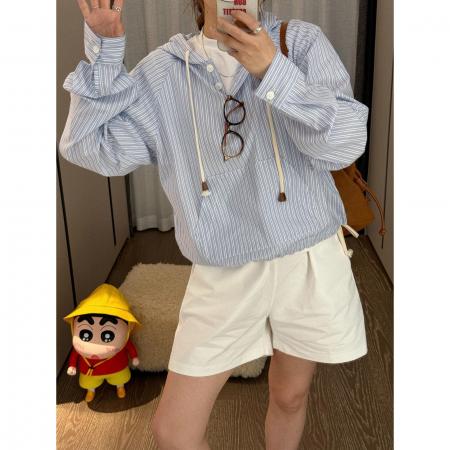 BY10699# 系蓝色条纹连帽衬衫卫衣春秋季宽松复古港风chic休闲外套上衣 服裝批發女裝批發服飾貨源