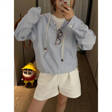 BY10699# 系蓝色条纹连帽衬衫卫衣春秋季宽松复古港风chic休闲外套上衣 服裝批發女裝批發服飾貨源