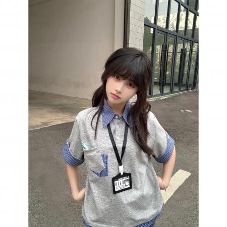 人棉学院风Polo领格纹短袖T恤女夏季宽松假两件上衣 服裝批發女裝批發服飾貨源