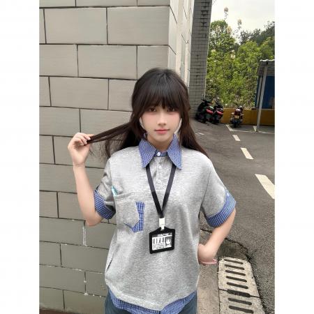 BY10700# 人棉学院风Polo领格纹短袖T恤女夏季宽松假两件上衣 服裝批發女裝批發服飾貨源