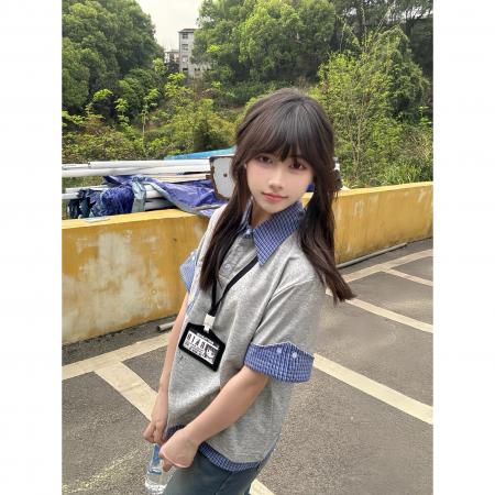 BY10700# 人棉学院风Polo领格纹短袖T恤女夏季宽松假两件上衣 服裝批發女裝批發服飾貨源