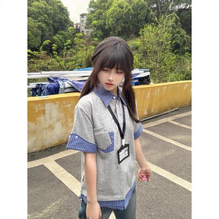 BY10700# 人棉学院风Polo领格纹短袖T恤女夏季宽松假两件上衣 服裝批發女裝批發服飾貨源