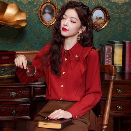 BY10701# 春季新款复古港风红色长袖衬衫女别致设计感小众上衣 服裝批發女裝批發服飾貨源
