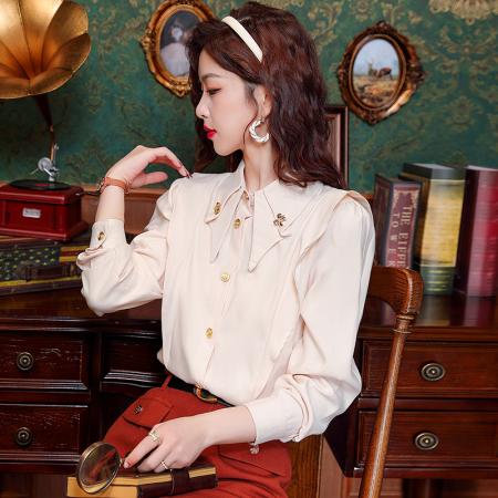 BY10701# 春季新款复古港风红色长袖衬衫女别致设计感小众上衣 服裝批發女裝批發服飾貨源