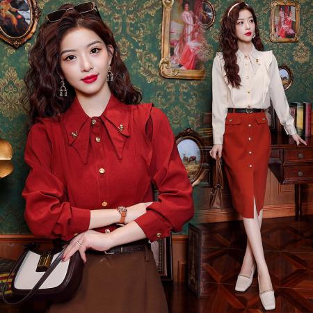 BY10701# 春季新款复古港风红色长袖衬衫女别致设计感小众上衣 服裝批發女裝批發服飾貨源