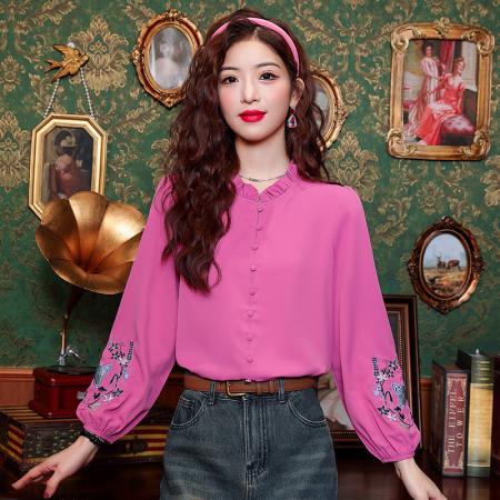 春季新款复古木耳边领长袖衬衫女士刺绣衬衣上衣 服裝批發女裝批發服飾貨源