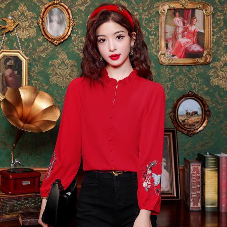 BY10702# 春季新款复古木耳边领长袖衬衫女士刺绣衬衣上衣 服裝批發女裝批發服飾貨源