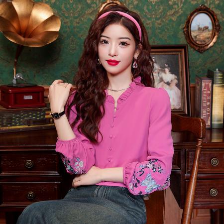 BY10702# 春季新款复古木耳边领长袖衬衫女士刺绣衬衣上衣 服裝批發女裝批發服飾貨源