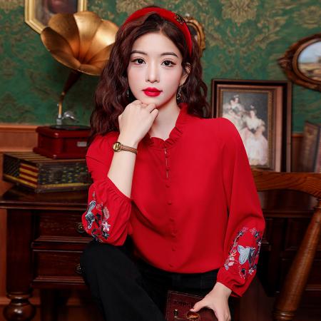 BY10702# 春季新款复古木耳边领长袖衬衫女士刺绣衬衣上衣 服裝批發女裝批發服飾貨源