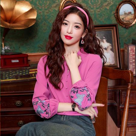 BY10702# 春季新款复古木耳边领长袖衬衫女士刺绣衬衣上衣 服裝批發女裝批發服飾貨源