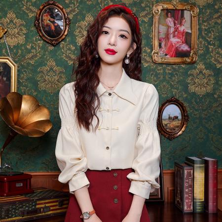 春季新款polo领复古盘扣长袖衬衫女国风女士衬衣 服裝批發女裝批發服飾貨源