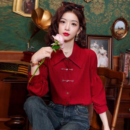 BY10703# 春季新款polo领复古盘扣长袖衬衫女国风女士衬衣 服裝批發女裝批發服飾貨源