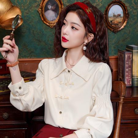 BY10703# 春季新款polo领复古盘扣长袖衬衫女国风女士衬衣 服裝批發女裝批發服飾貨源