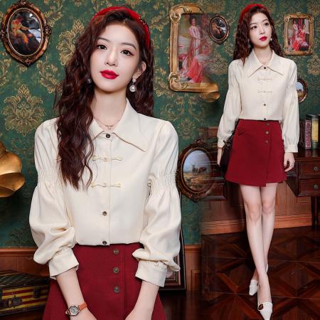 BY10703# 春季新款polo领复古盘扣长袖衬衫女国风女士衬衣 服裝批發女裝批發服飾貨源
