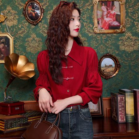 BY10703# 春季新款polo领复古盘扣长袖衬衫女国风女士衬衣 服裝批發女裝批發服飾貨源