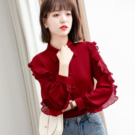 BY10704# 春秋荷叶边长袖红色衬衫法式复古气质雪纺上衣 服裝批發女裝批發服飾貨源