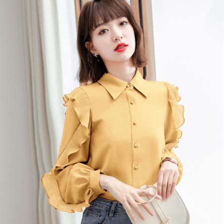 BY10704# 春秋荷叶边长袖红色衬衫法式复古气质雪纺上衣 服裝批發女裝批發服飾貨源