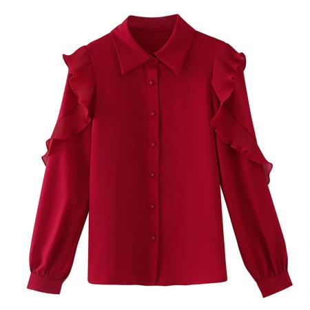 BY10704# 春秋荷叶边长袖红色衬衫法式复古气质雪纺上衣 服裝批發女裝批發服飾貨源