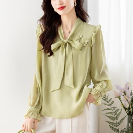 BY10705# 春款蝴蝶结雪纺衬衫女复古港味衬衣别致上衣 服裝批發女裝批發服飾貨源