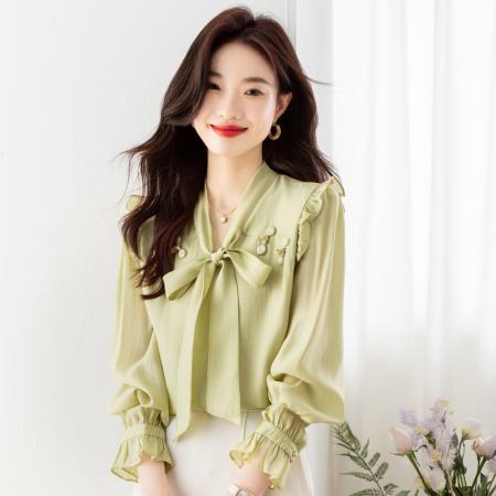 BY10705# 春款蝴蝶结雪纺衬衫女复古港味衬衣别致上衣 服裝批發女裝批發服飾貨源