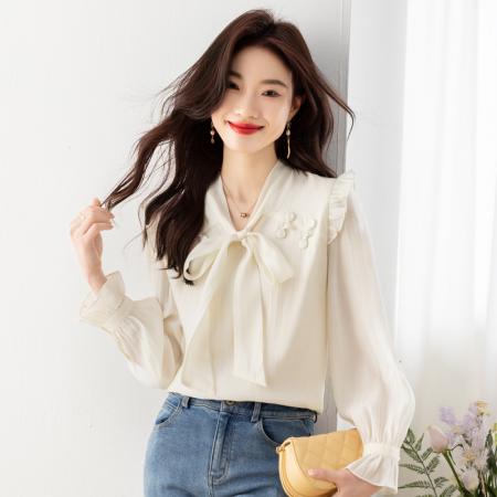 BY10705# 春款蝴蝶结雪纺衬衫女复古港味衬衣别致上衣 服裝批發女裝批發服飾貨源