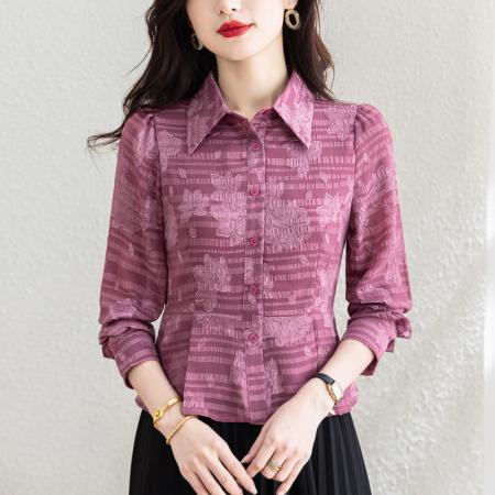 BY10706# 春季新品设计感收腰显瘦时尚提花真丝雪纺女士长袖上衣 服裝批發女裝批發服飾貨源