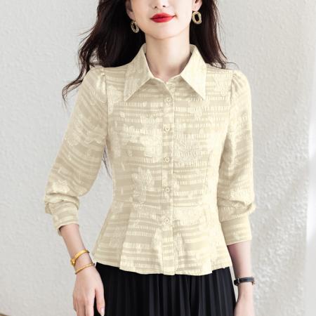 BY10706# 春季新品设计感收腰显瘦时尚提花真丝雪纺女士长袖上衣 服裝批發女裝批發服飾貨源