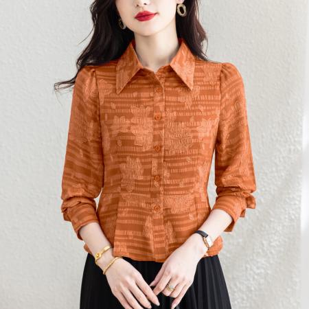 BY10706# 春季新品设计感收腰显瘦时尚提花真丝雪纺女士长袖上衣 服裝批發女裝批發服飾貨源