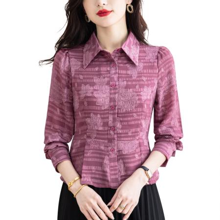 BY10706# 春季新品设计感收腰显瘦时尚提花真丝雪纺女士长袖上衣 服裝批發女裝批發服飾貨源