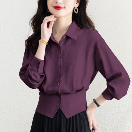 新品设计感紫色真丝缎面收腰显瘦女士时尚洋气长袖衬衫 服裝批發女裝批發服飾貨源