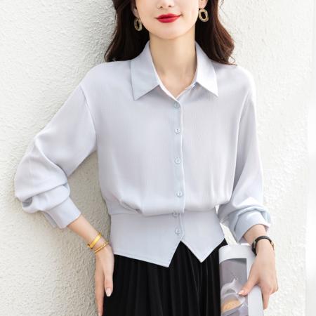 BY10707# 新品设计感紫色真丝缎面收腰显瘦女士时尚洋气长袖衬衫 服裝批發女裝批發服飾貨源