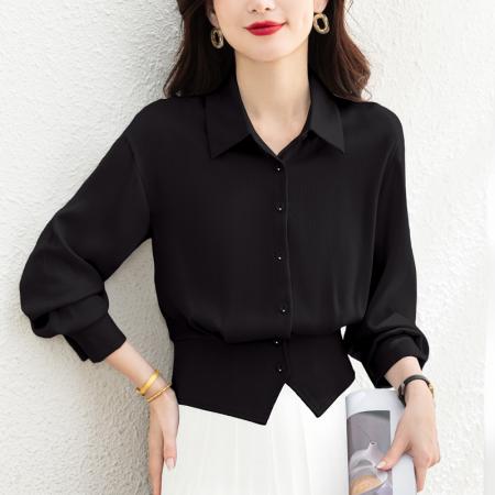 BY10707# 新品设计感紫色真丝缎面收腰显瘦女士时尚洋气长袖衬衫 服裝批發女裝批發服飾貨源