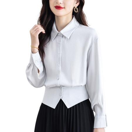 BY10707# 新品设计感紫色真丝缎面收腰显瘦女士时尚洋气长袖衬衫 服裝批發女裝批發服飾貨源