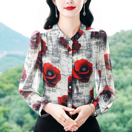 BY10709# 新品设计感复古做旧工艺印花女士雪纺洋气时尚长袖小衫 服裝批發女裝批發服飾貨源