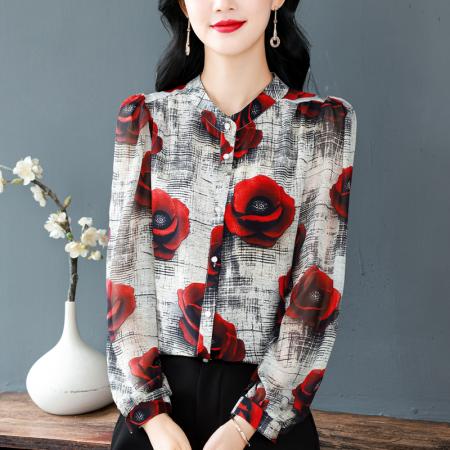 BY10709# 新品设计感复古做旧工艺印花女士雪纺洋气时尚长袖小衫 服裝批發女裝批發服飾貨源