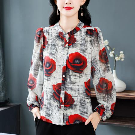 BY10709# 新品设计感复古做旧工艺印花女士雪纺洋气时尚长袖小衫 服裝批發女裝批發服飾貨源