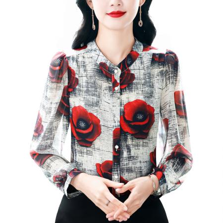 BY10709# 新品设计感复古做旧工艺印花女士雪纺洋气时尚长袖小衫 服裝批發女裝批發服飾貨源