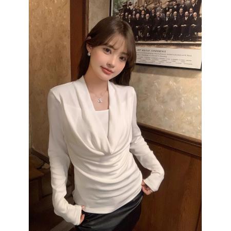 松弛感假两件荡领纯色长袖T恤女秋季打底衫独特气质时尚百搭上衣 服裝批發女裝批發服飾貨源