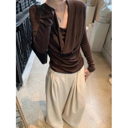 BY10713# 松弛感假两件荡领纯色长袖T恤女秋季打底衫独特气质时尚百搭上衣 服裝批發女裝批發服飾貨源