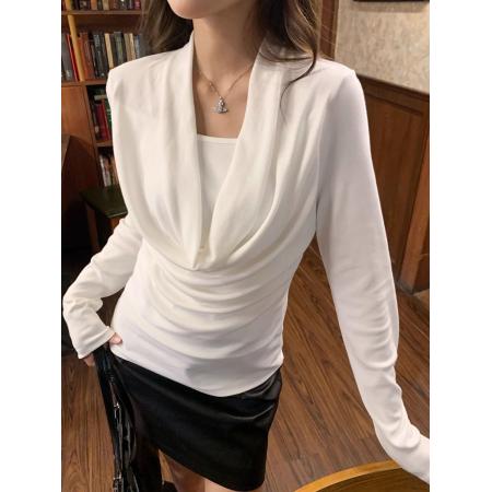 BY10713# 松弛感假两件荡领纯色长袖T恤女秋季打底衫独特气质时尚百搭上衣 服裝批發女裝批發服飾貨源