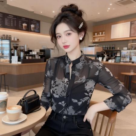 法式气质印花衬衫女春夏季轻熟御姐风洋气修身显瘦长袖网纱上衣 服裝批發女裝批發服飾貨源