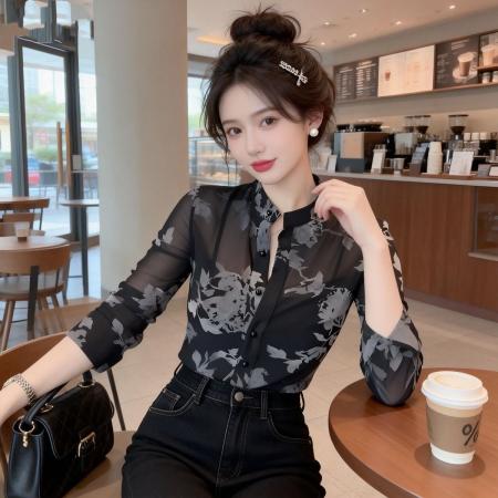 BY10714# 法式气质印花衬衫女春夏季轻熟御姐风洋气修身显瘦长袖网纱上衣 服裝批發女裝批發服飾貨源