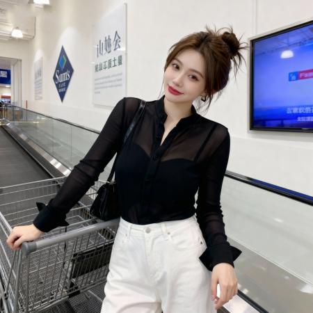 BY10714# 法式气质印花衬衫女春夏季轻熟御姐风洋气修身显瘦长袖网纱上衣 服裝批發女裝批發服飾貨源