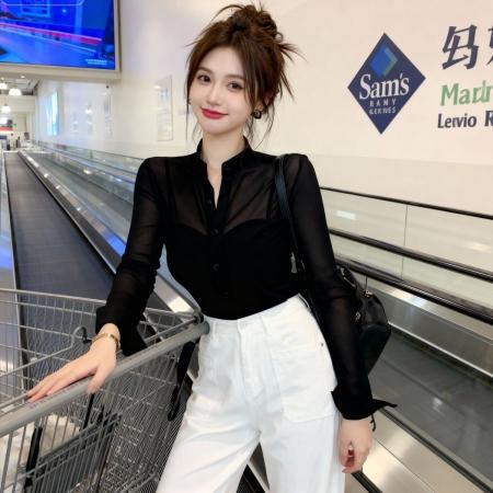 BY10714# 法式气质印花衬衫女春夏季轻熟御姐风洋气修身显瘦长袖网纱上衣 服裝批發女裝批發服飾貨源