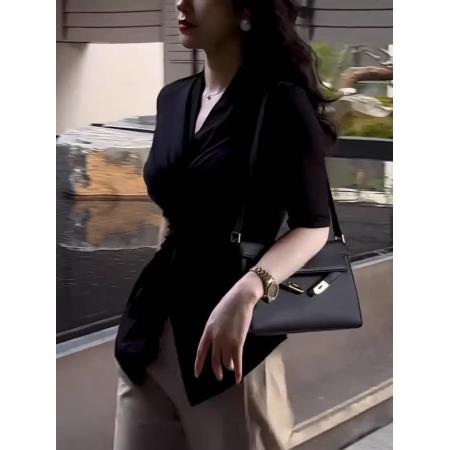 BY10715# 法式高级感扭结V领上衣夏季新款大码时髦洋气显瘦百搭上衣 服裝批發女裝批發服飾貨源