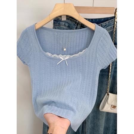 独特别致绝美蕾丝拼接修身短袖T恤女夏季新款超好看辣妹上衣 服裝批發女裝批發服飾貨源