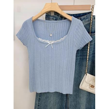 BY10717# 独特别致绝美蕾丝拼接修身短袖T恤女夏季新款超好看辣妹上衣 服裝批發女裝批發服飾貨源