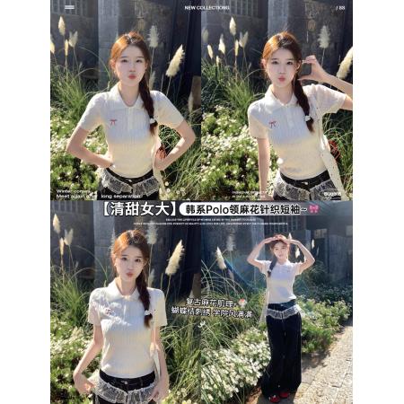 BY10719# polo领针织短袖女新款刺绣复古学院风麻花毛衣t恤上衣 服裝批發女裝批發服飾貨源