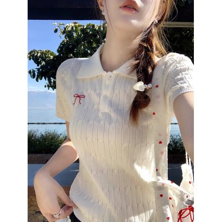 BY10719# polo领针织短袖女新款刺绣复古学院风麻花毛衣t恤上衣 服裝批發女裝批發服飾貨源