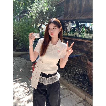 BY10719# polo领针织短袖女新款刺绣复古学院风麻花毛衣t恤上衣 服裝批發女裝批發服飾貨源